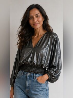Metallic Black V-Neck Blouse Top with Smocked Waist